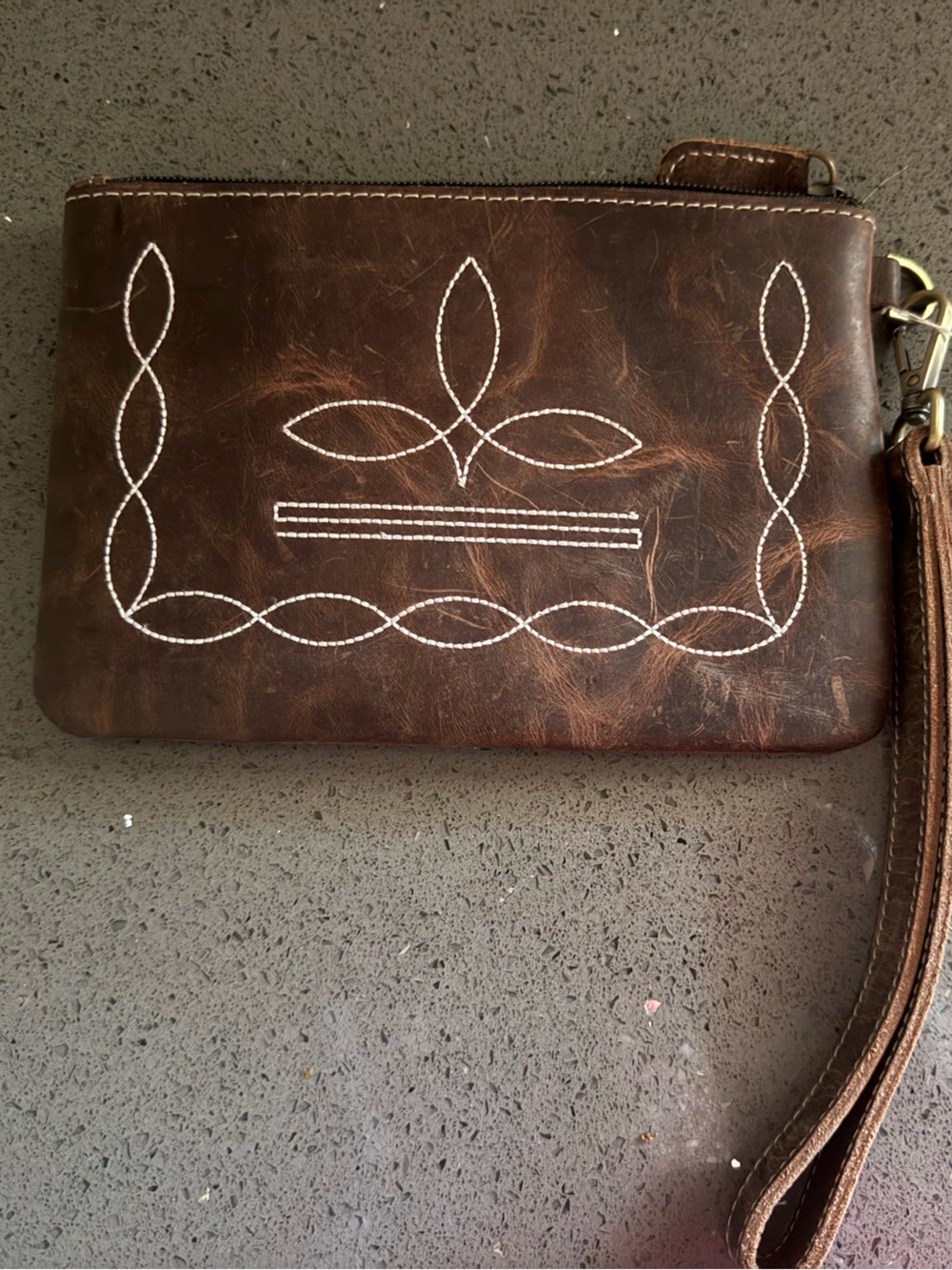 Brown Leather Wristlet Clutch with White Stitching
